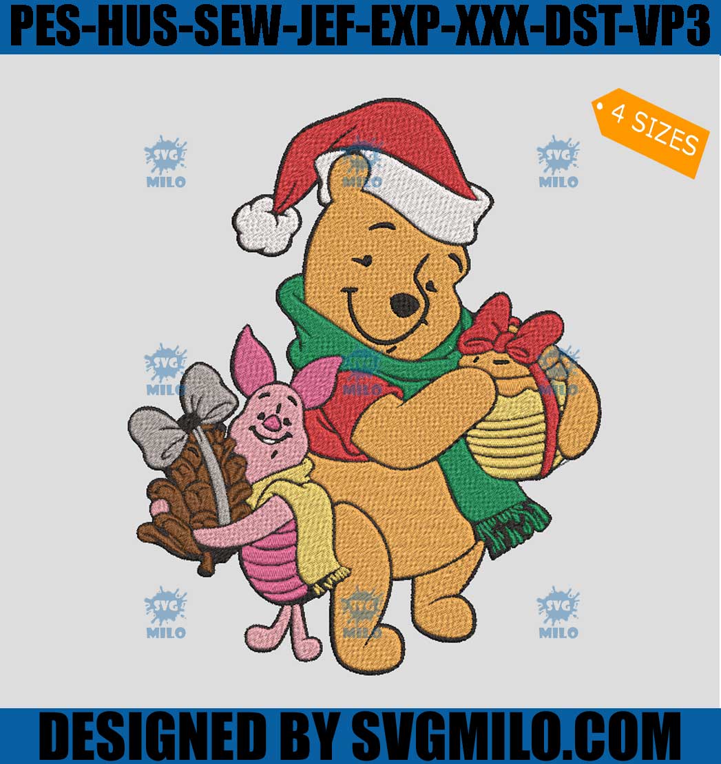 Piglet And Winnie The Pooh Christmas Embroidery Design, Santa Pooh Embroidery Design