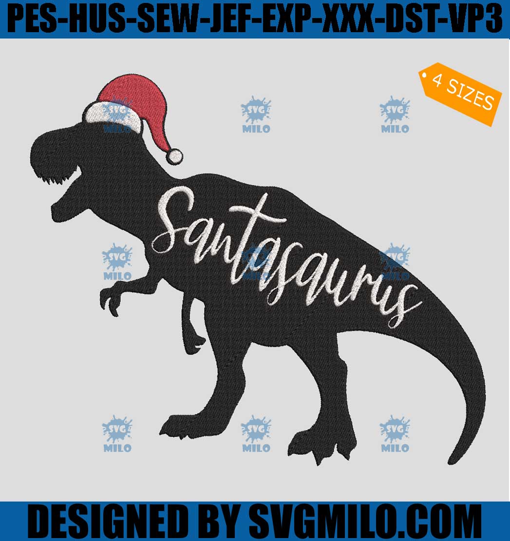 Santa Saurus Embroidery Design, Dinosaur  Christmas Embroidery Design