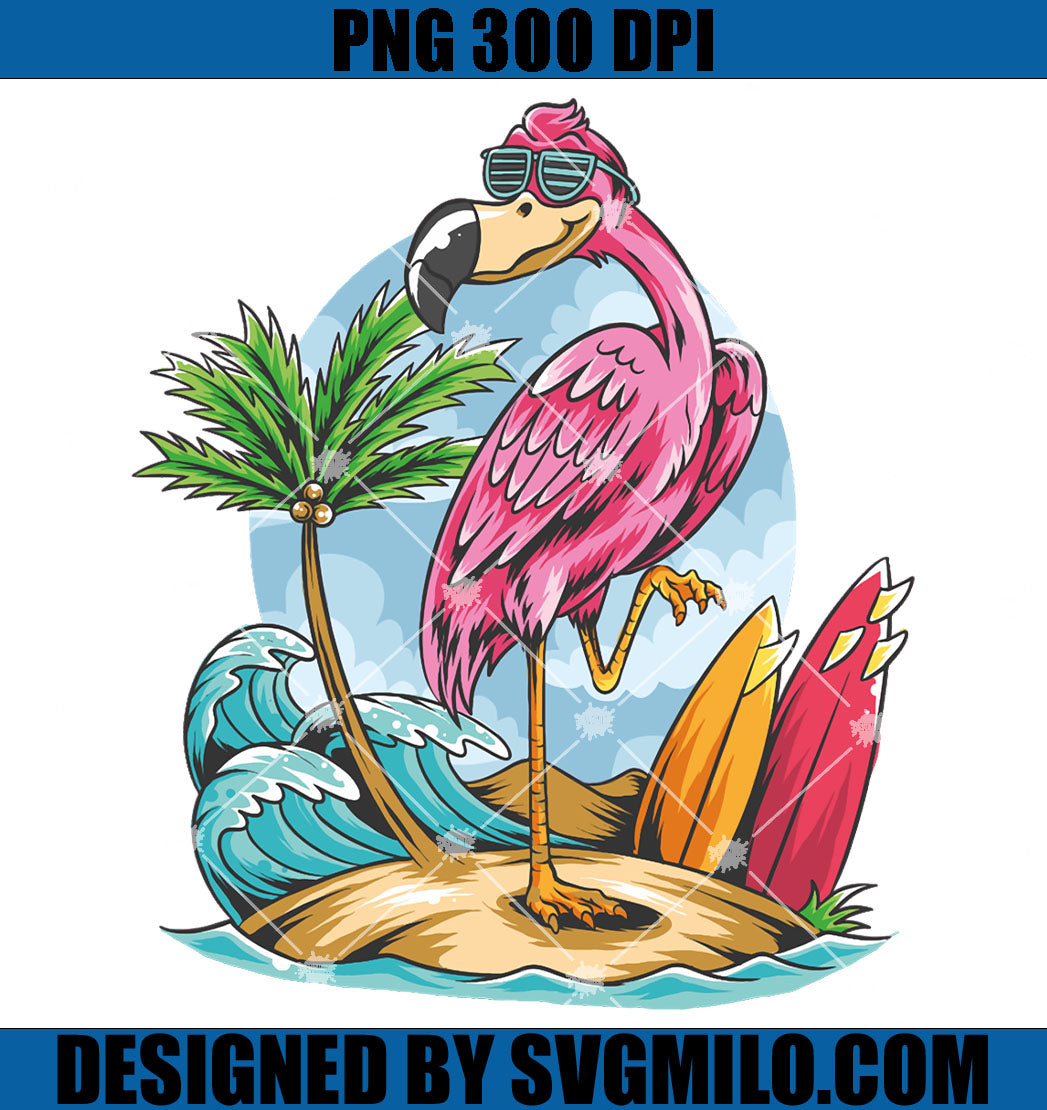Summer Flamingos On The Beach With Trees And Surf PNG, Flamingo Summer PNG