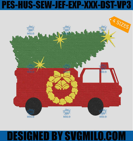 Tree Truck Christmas Embroidery Design, Fire Truck Xmas Embroidery Design