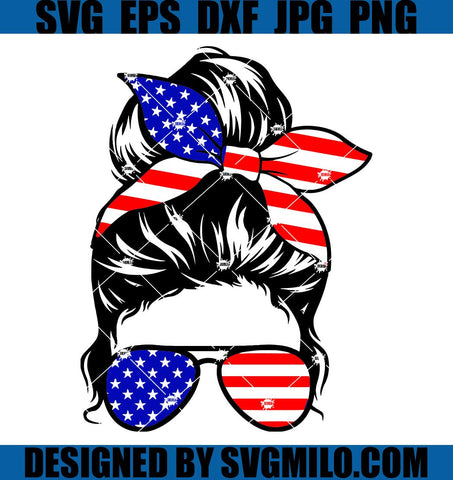 USA-Flag-Glasses-Woman-SVG_-4th-Of-July-SVG_-Messy-Bun-Hair-SVG