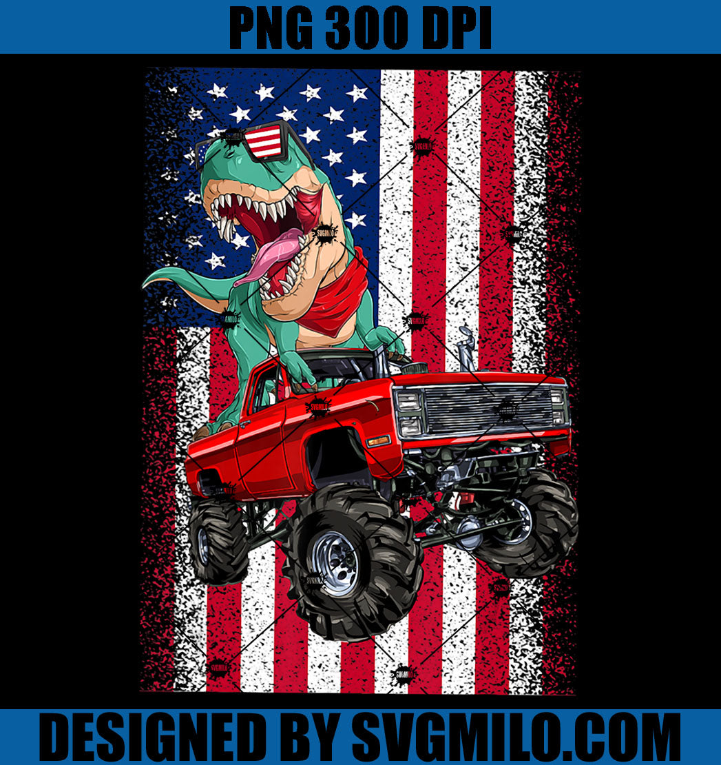 Vintage T Rex Dinosaur and Monster Truck PNG, USA Flag 4th Of July PNG